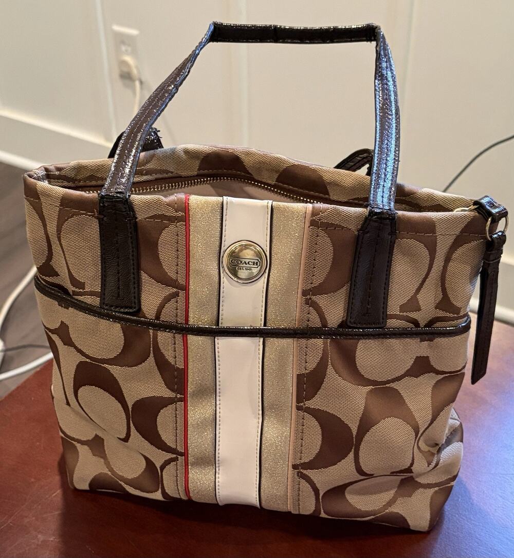 Coach Signature Satchel Top Handle Bag Zip Brown Beige White Gold Detachable